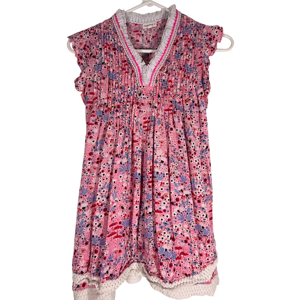Poupette St Barth Girls Pink Floral Smocked Pintuck Crochet Lace Dress Large